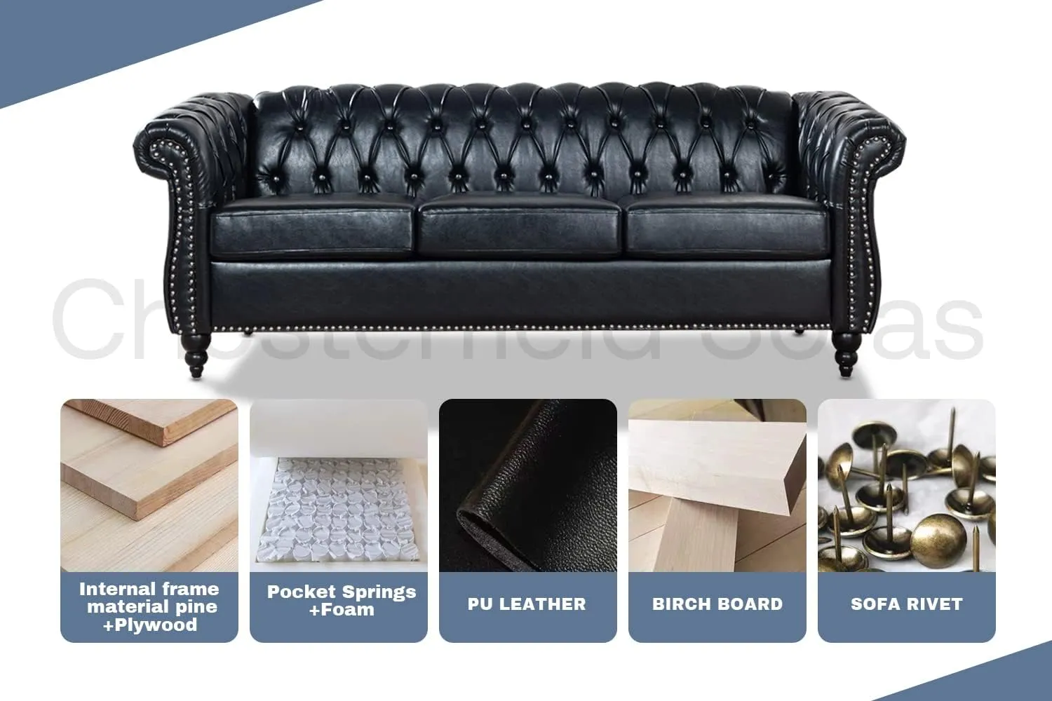 Black Chesterfield Leather Sofa for Living Room, Comfy Deep-Seated 3-Seater Sofa for Bedroom, Office, or Apartment. Luxury Classic Sofa Furniture, Tool-Free Assembly