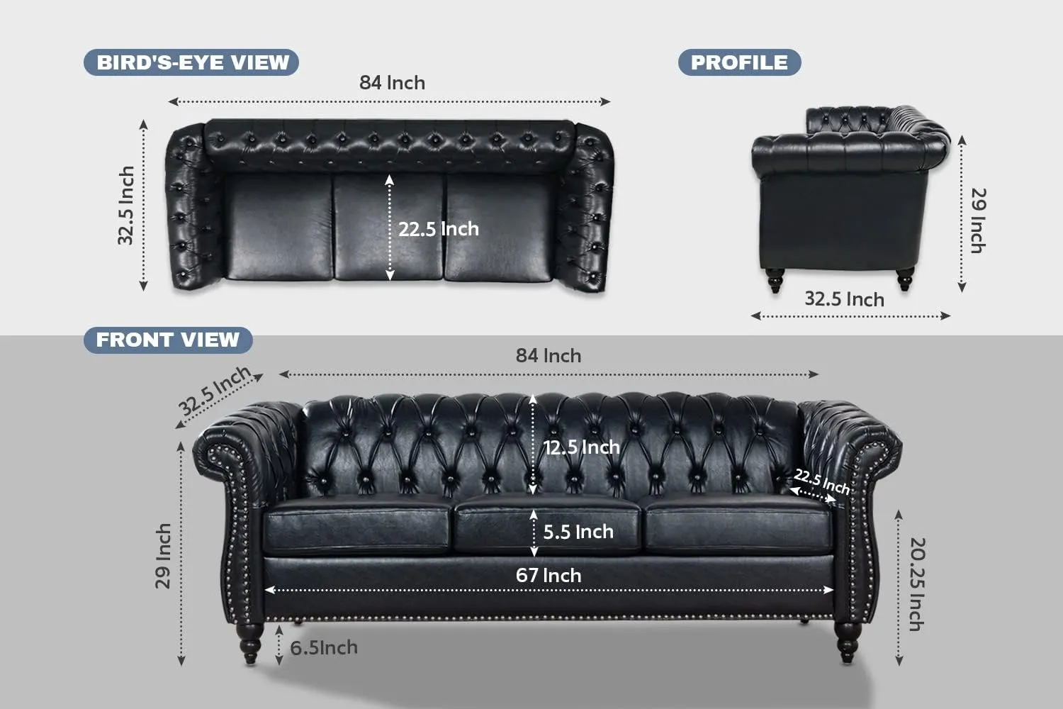 Black Chesterfield Leather Sofa for Living Room, Comfy Deep-Seated 3-Seater Sofa for Bedroom, Office, or Apartment. Luxury Classic Sofa Furniture, Tool-Free Assembly