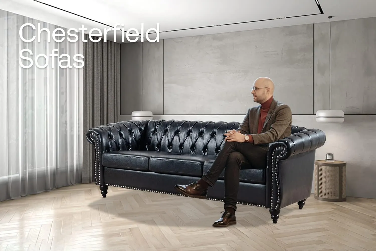 Black Chesterfield Leather Sofa for Living Room, Comfy Deep-Seated 3-Seater Sofa for Bedroom, Office, or Apartment. Luxury Classic Sofa Furniture, Tool-Free Assembly