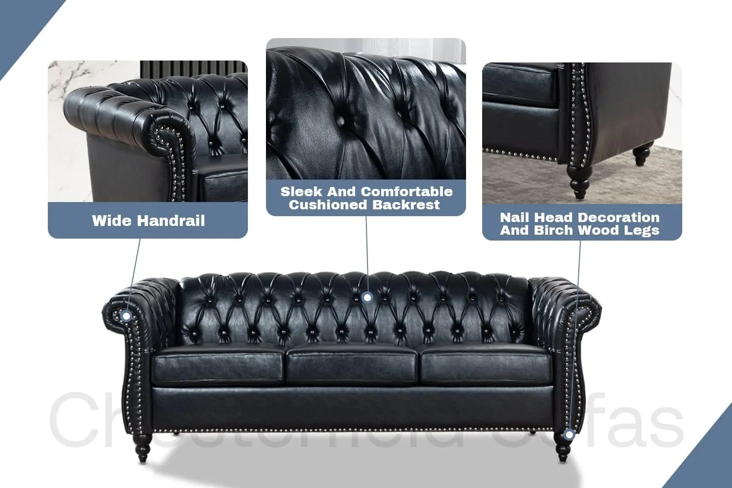 Black Chesterfield Leather Sofa for Living Room, Comfy Deep-Seated 3-Seater Sofa for Bedroom, Office, or Apartment. Luxury Classic Sofa Furniture, Tool-Free Assembly