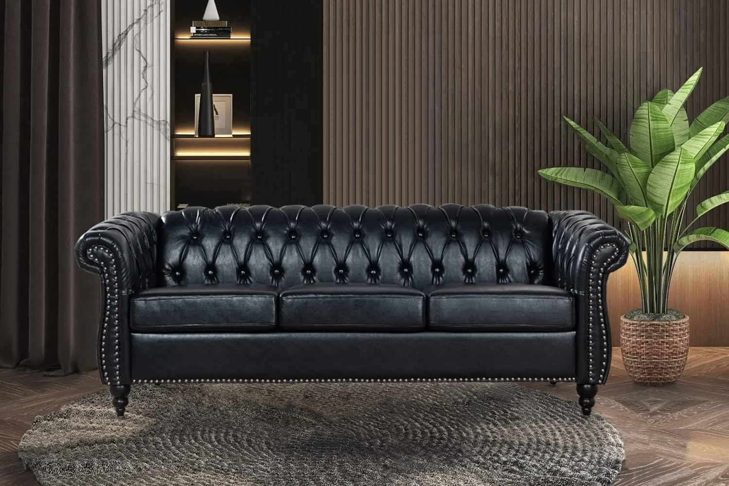 Black Chesterfield Leather Sofa for Living Room, Comfy Deep-Seated 3-Seater Sofa for Bedroom, Office, or Apartment. Luxury Classic Sofa Furniture, Tool-Free Assembly