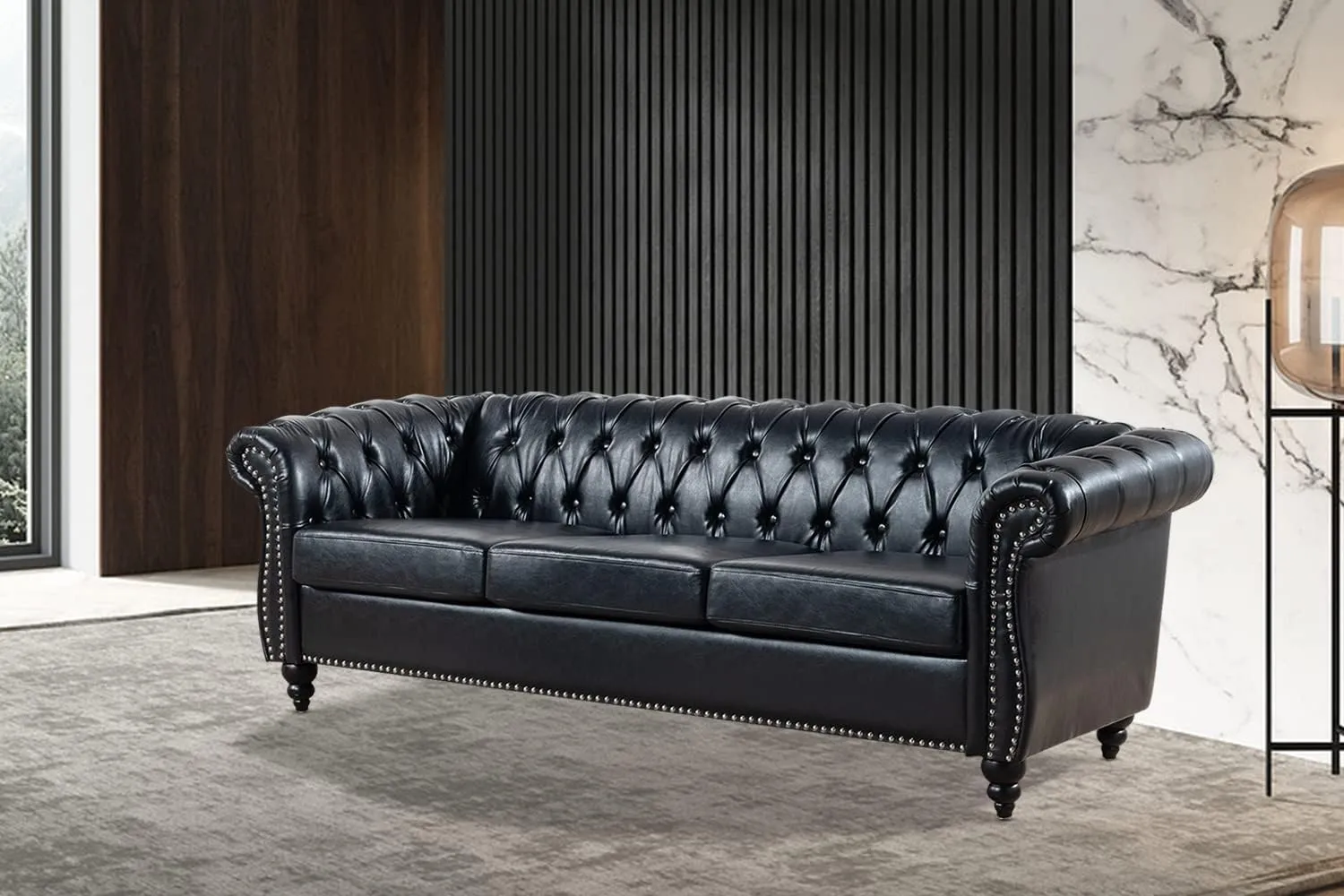 Black Chesterfield Leather Sofa for Living Room, Comfy Deep-Seated 3-Seater Sofa for Bedroom, Office, or Apartment. Luxury Classic Sofa Furniture, Tool-Free Assembly