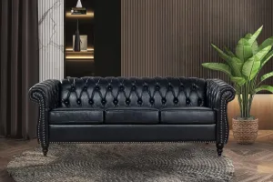 Black Chesterfield Leather Sofa for Living Room, Comfy Deep-Seated 3-Seater Sofa for Bedroom, Office, or Apartment. Luxury Classic Sofa Furniture, Tool-Free Assembly