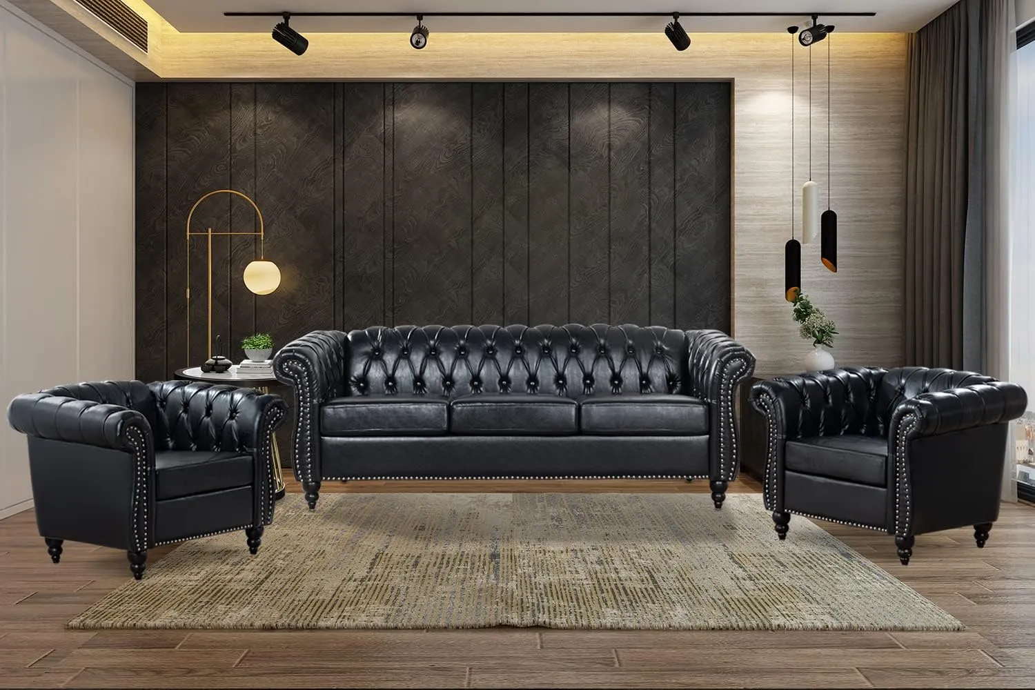 Black Chesterfield Sofa, Faux Leather Sofa Set for Living Room, Luxury Comfy Deep-Seat 3-Seater Couch and Two-Chair Set， for Bedroom, Office, or Apartment. Tool-Free 3-Piece Assembly