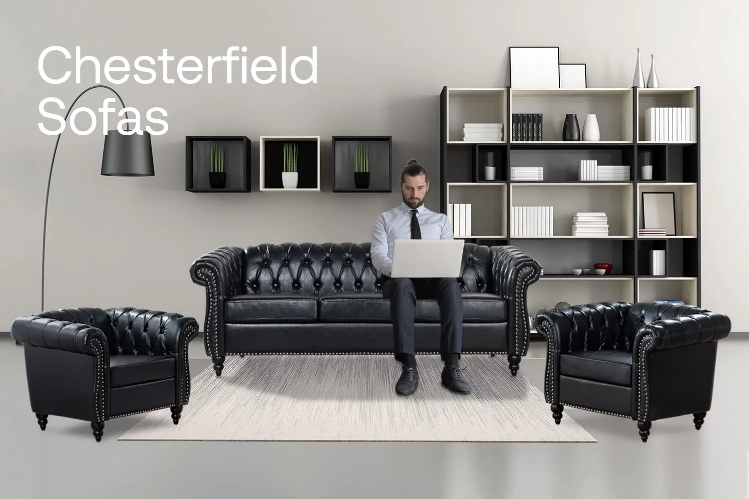 Black Chesterfield Sofa, Faux Leather Sofa Set for Living Room, Luxury Comfy Deep-Seat 3-Seater Couch and Two-Chair Set， for Bedroom, Office, or Apartment. Tool-Free 3-Piece Assembly