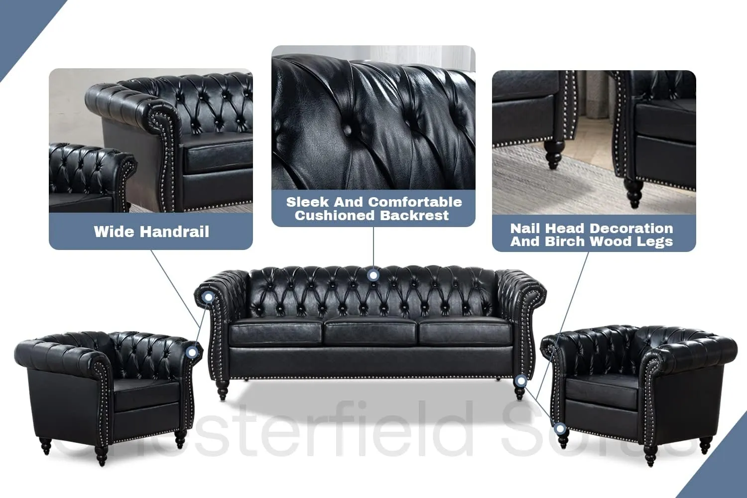 Black Chesterfield Sofa, Faux Leather Sofa Set for Living Room, Luxury Comfy Deep-Seat 3-Seater Couch and Two-Chair Set， for Bedroom, Office, or Apartment. Tool-Free 3-Piece Assembly