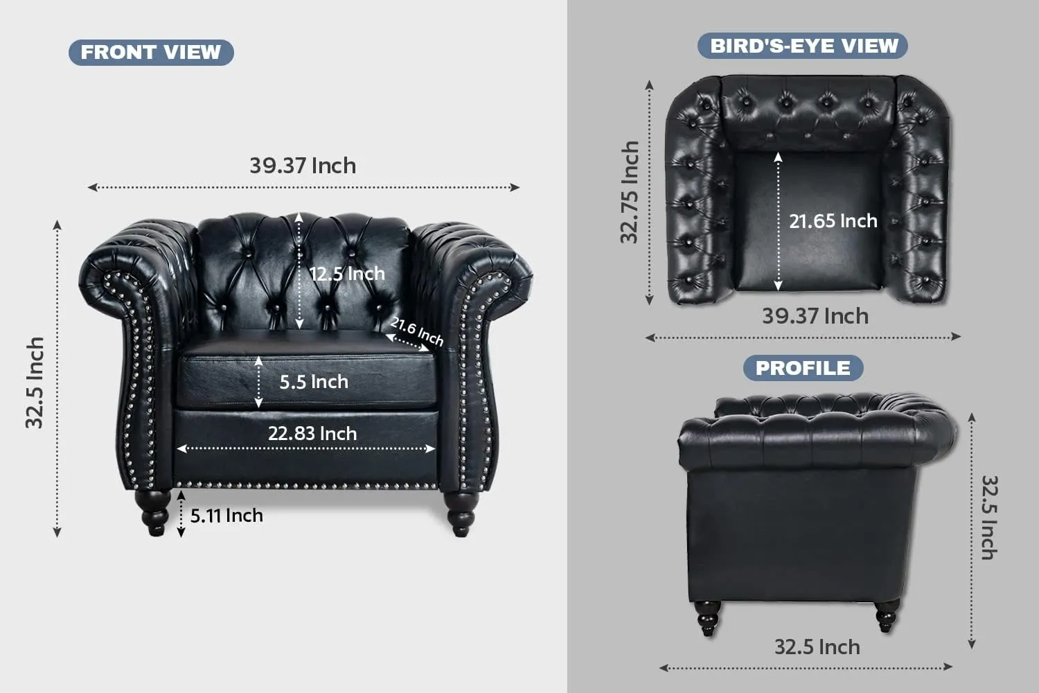 Black Chesterfield Sofa, Faux Leather Sofa Set for Living Room, Luxury Comfy Deep-Seat 3-Seater Couch and Two-Chair Set， for Bedroom, Office, or Apartment. Tool-Free 3-Piece Assembly