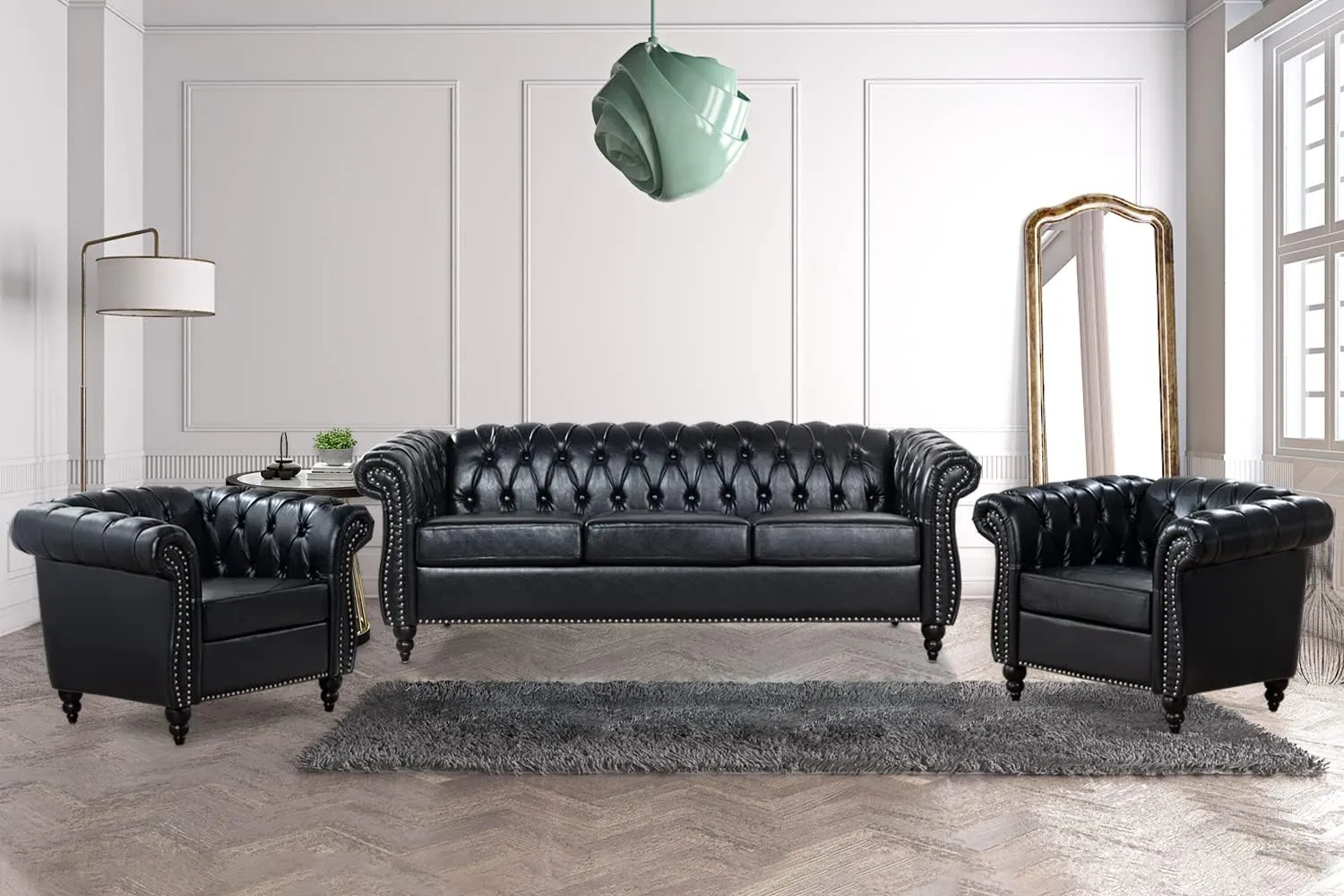 Black Chesterfield Sofa, Faux Leather Sofa Set for Living Room, Luxury Comfy Deep-Seat 3-Seater Couch and Two-Chair Set， for Bedroom, Office, or Apartment. Tool-Free 3-Piece Assembly