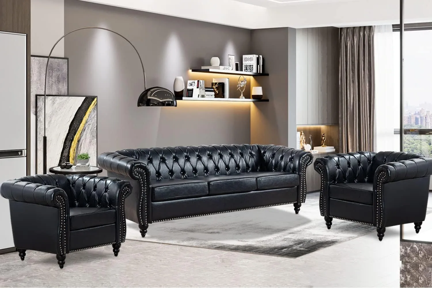 Black Chesterfield Sofa, Faux Leather Sofa Set for Living Room, Luxury Comfy Deep-Seat 3-Seater Couch and Two-Chair Set， for Bedroom, Office, or Apartment. Tool-Free 3-Piece Assembly
