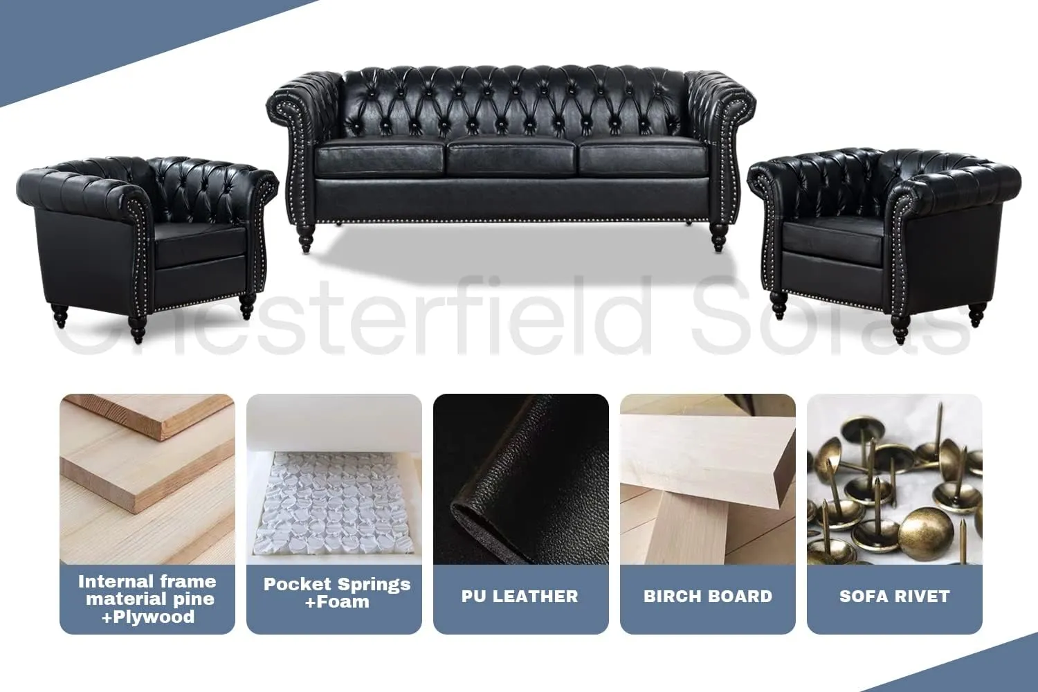 Black Chesterfield Sofa, Faux Leather Sofa Set for Living Room, Luxury Comfy Deep-Seat 3-Seater Couch and Two-Chair Set， for Bedroom, Office, or Apartment. Tool-Free 3-Piece Assembly