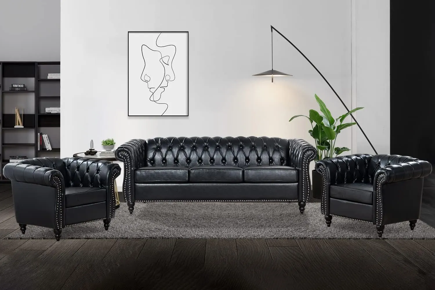 Black Chesterfield Sofa, Faux Leather Sofa Set for Living Room, Luxury Comfy Deep-Seat 3-Seater Couch and Two-Chair Set， for Bedroom, Office, or Apartment. Tool-Free 3-Piece Assembly