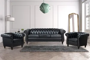 Black Chesterfield Sofa, Faux Leather Sofa Set for Living Room, Luxury Comfy Deep-Seat 3-Seater Couch and Two-Chair Set， for Bedroom, Office, or Apartment. Tool-Free 3-Piece Assembly