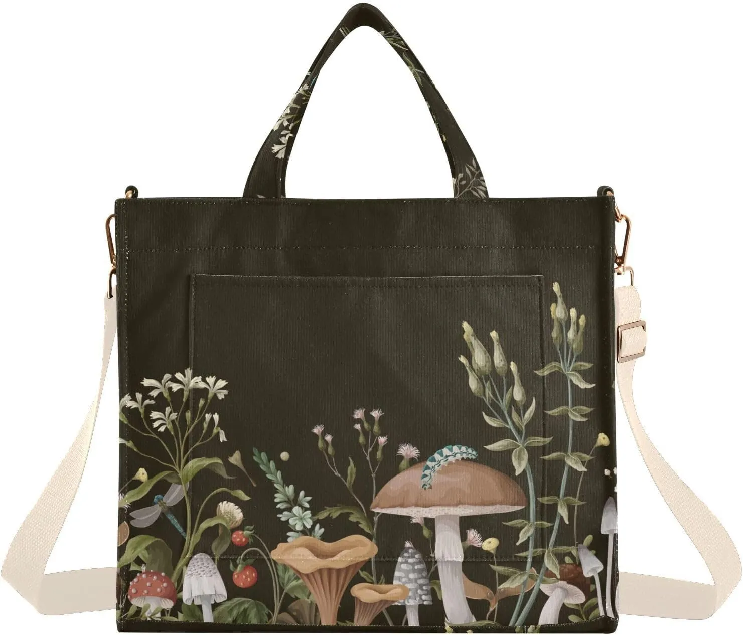 Black Trendy Mushroom Corduroy Tote Handbag with Zipper and Magnetic Clasp for Women, Young Females, Social and Outdoor Enthusiasts