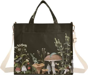 Black Trendy Mushroom Corduroy Tote Handbag with Zipper and Magnetic Clasp for Women, Young Females, Social and Outdoor Enthusiasts