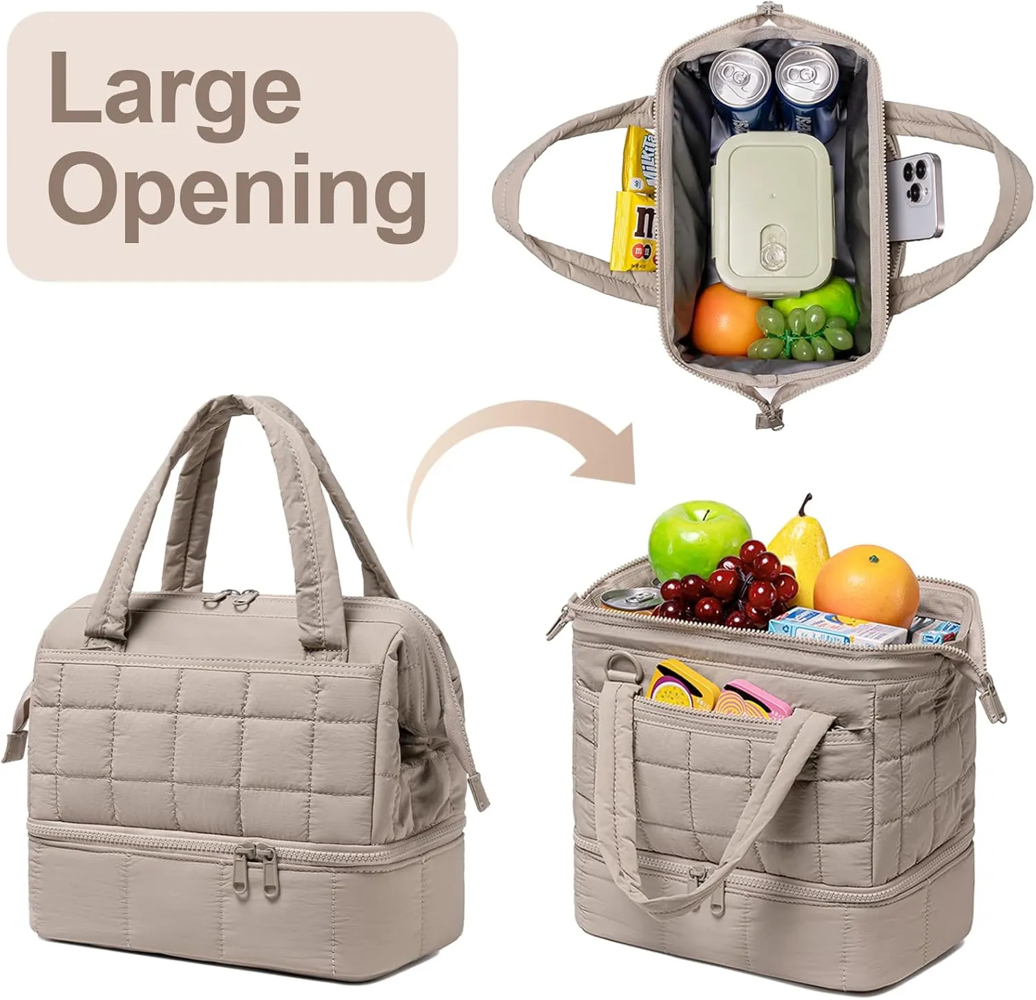BLUBOON Lunch Box for Women Insulated Lunch Bag Double Deck, Puffer Quilted Lunchbox Wide Opening Reusable Lunch Boxes Cooler for Work Picnic Travel Office with Adjustable Shoulder Strap (Grey Purple)