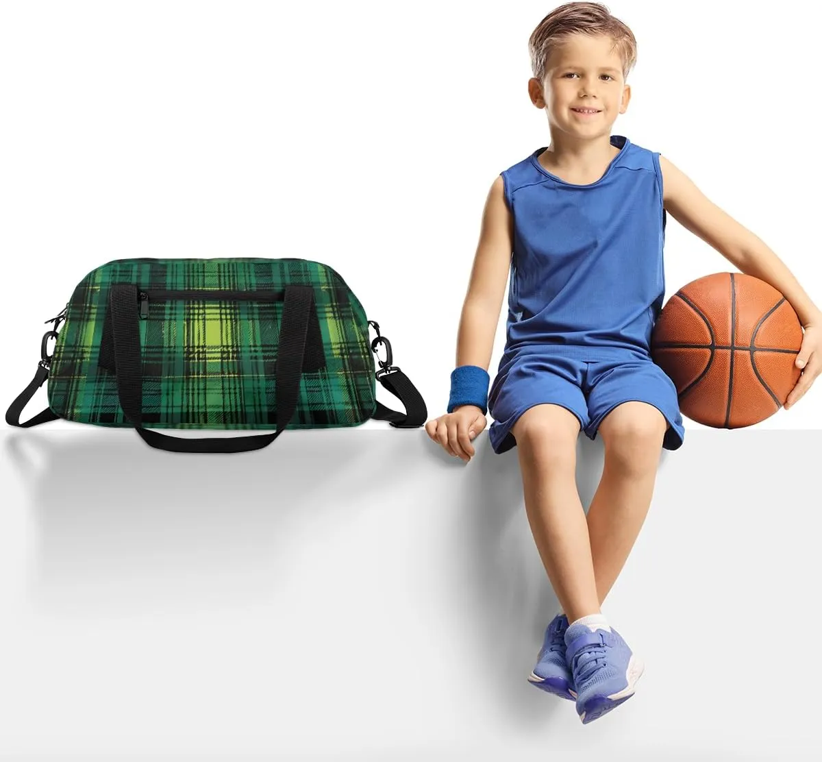 Blue Grid Kids Duffle Bag Boys Girls Small Sport Dance Gym Bag for Overnight Travel Weekender Carry On