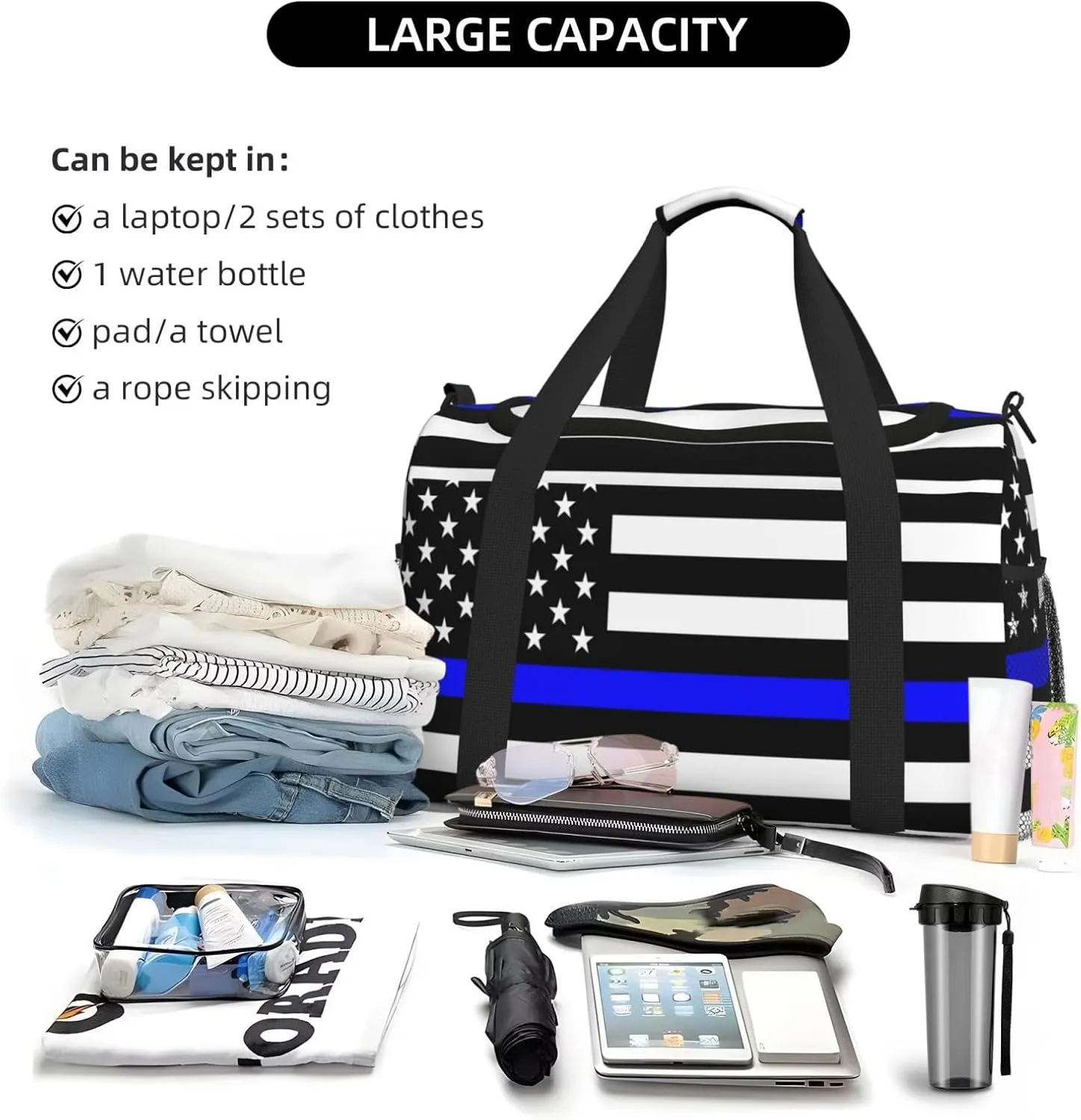 Blue Lives Matter Flag Travel Duffel Bag Large Foldable Waterproof Overnight Bag For Beach Swim Bags Pool Sports Gym