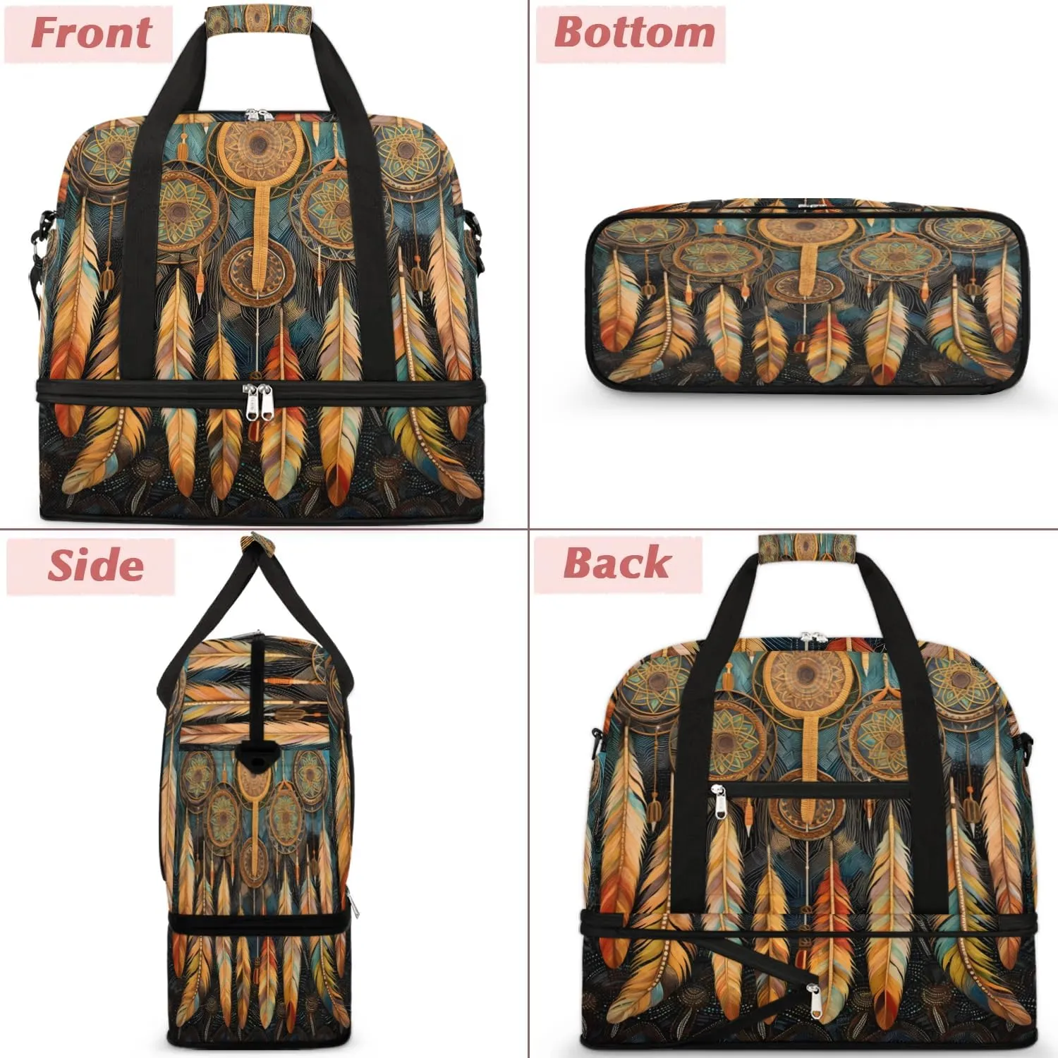 Boho DreamCatcher Retro Pattern Travel Duffle Bag, Collapsible Travel Bag Sports Gym Bag With Shoes Compartment Weekender Bag Overnight Bag For Women Men