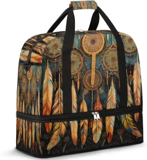 Boho DreamCatcher Retro Pattern Travel Duffle Bag, Collapsible Travel Bag Sports Gym Bag With Shoes Compartment Weekender Bag Overnight Bag For Women Men