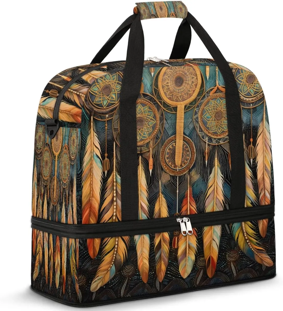 Boho DreamCatcher Retro Pattern Travel Duffle Bag, Collapsible Travel Bag Sports Gym Bag With Shoes Compartment Weekender Bag Overnight Bag For Women Men