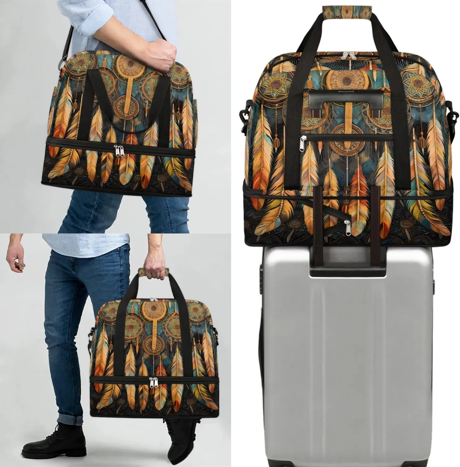 Boho DreamCatcher Retro Pattern Travel Duffle Bag, Collapsible Travel Bag Sports Gym Bag With Shoes Compartment Weekender Bag Overnight Bag For Women Men