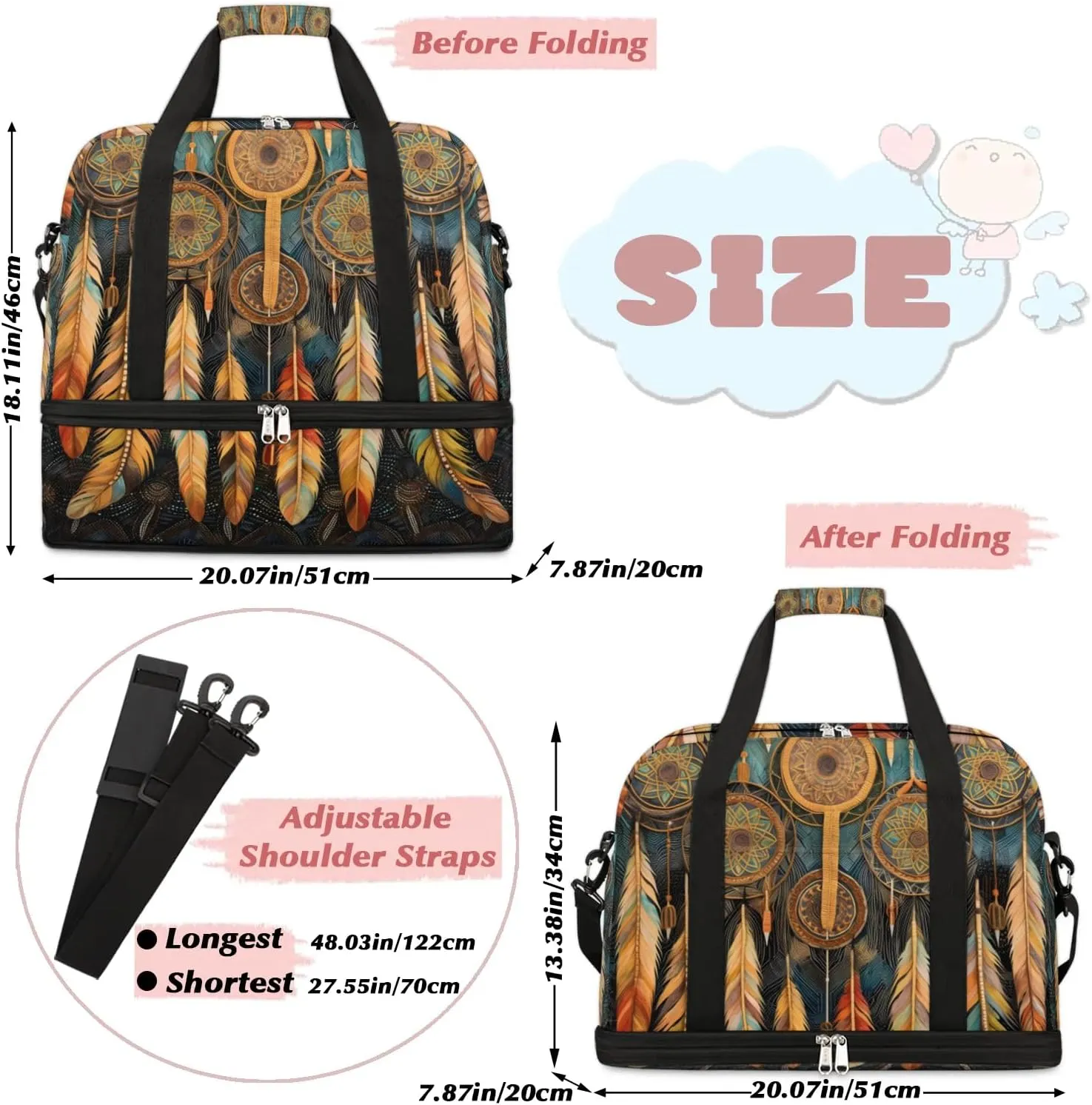 Boho DreamCatcher Retro Pattern Travel Duffle Bag, Collapsible Travel Bag Sports Gym Bag With Shoes Compartment Weekender Bag Overnight Bag For Women Men