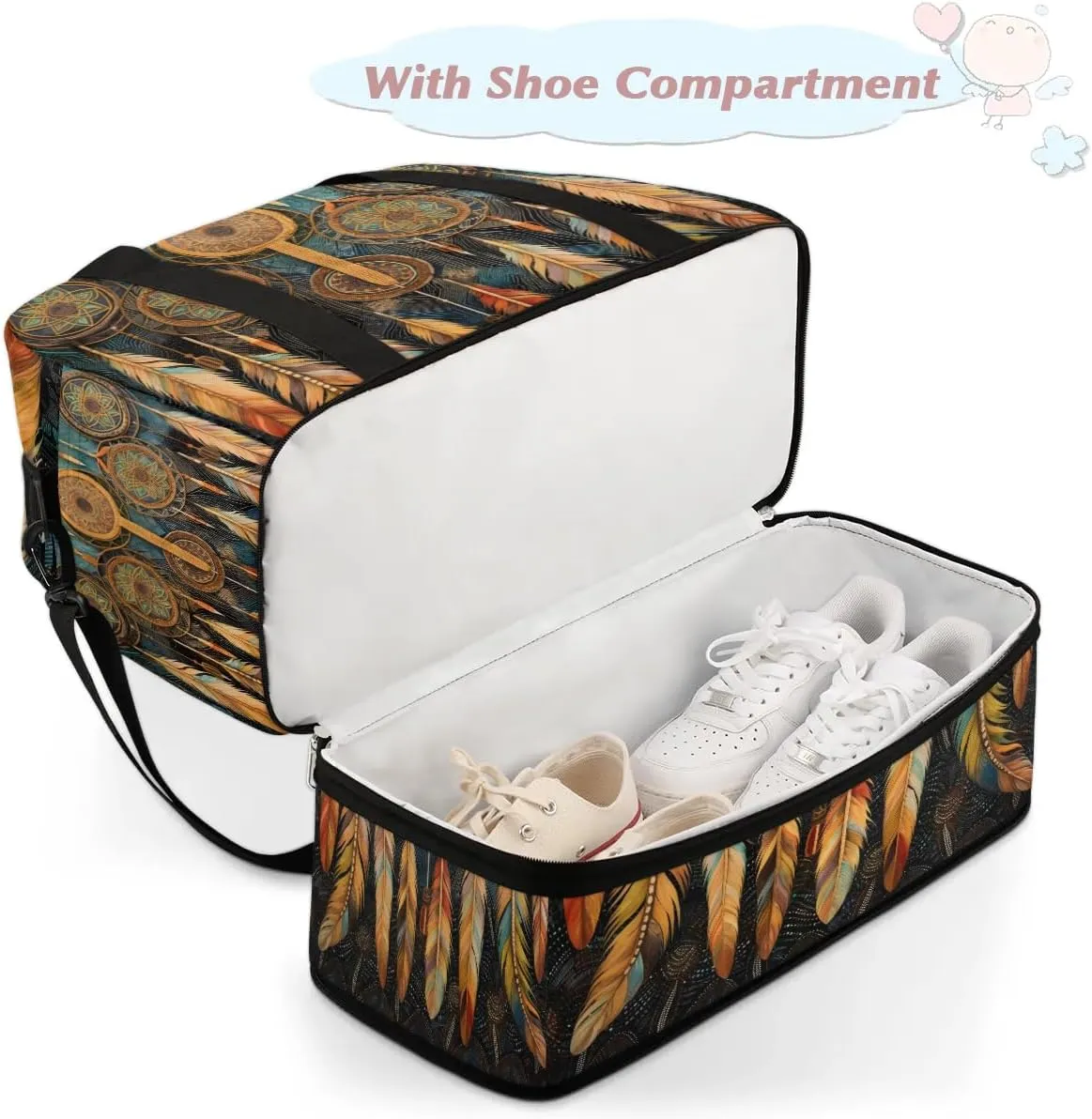 Boho DreamCatcher Retro Pattern Travel Duffle Bag, Collapsible Travel Bag Sports Gym Bag With Shoes Compartment Weekender Bag Overnight Bag For Women Men