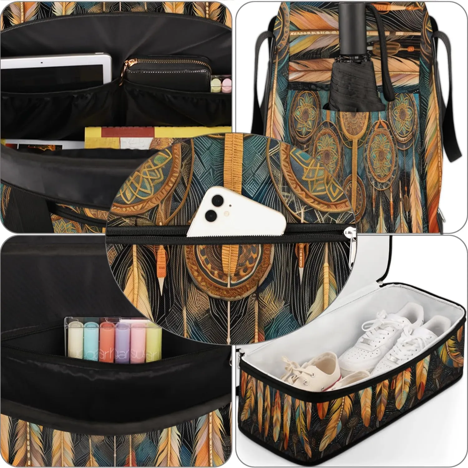 Boho DreamCatcher Retro Pattern Travel Duffle Bag, Collapsible Travel Bag Sports Gym Bag With Shoes Compartment Weekender Bag Overnight Bag For Women Men