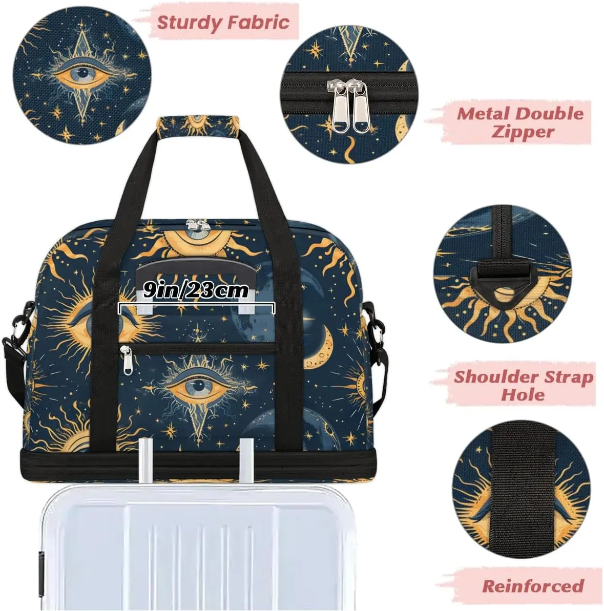 Boho Eye Pattern Retro Travel Duffle Bag, Collapsible Travel Bag Sports Gym Bag With Shoes Compartment Weekender Bag Overnight Bag For Women Men