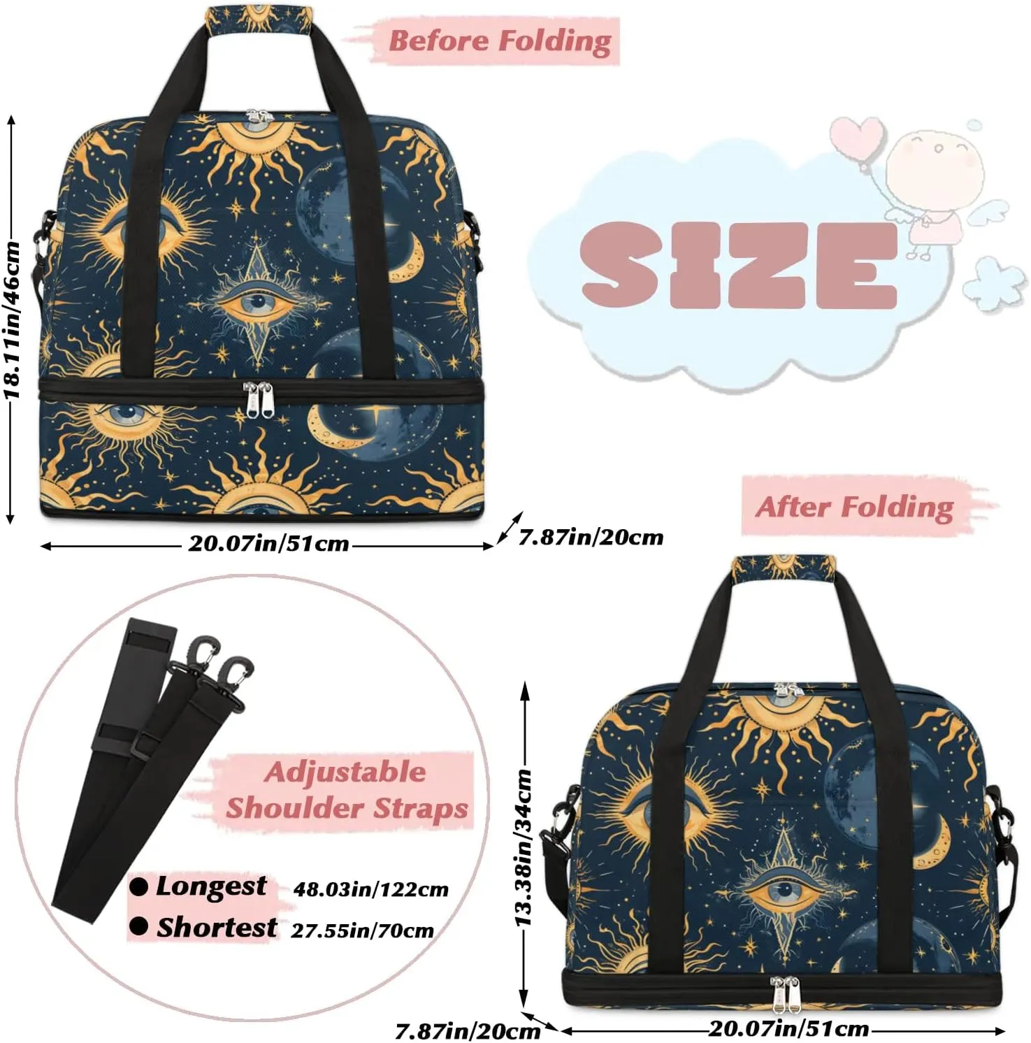 Boho Eye Pattern Retro Travel Duffle Bag, Collapsible Travel Bag Sports Gym Bag With Shoes Compartment Weekender Bag Overnight Bag For Women Men