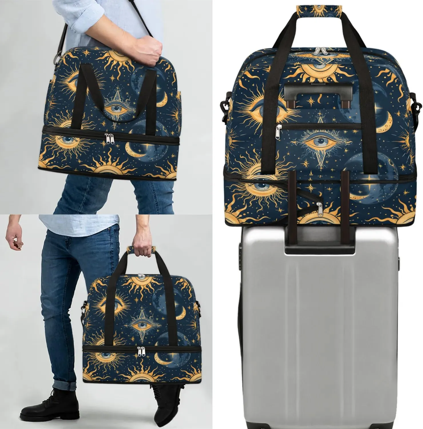 Boho Eye Pattern Retro Travel Duffle Bag, Collapsible Travel Bag Sports Gym Bag With Shoes Compartment Weekender Bag Overnight Bag For Women Men