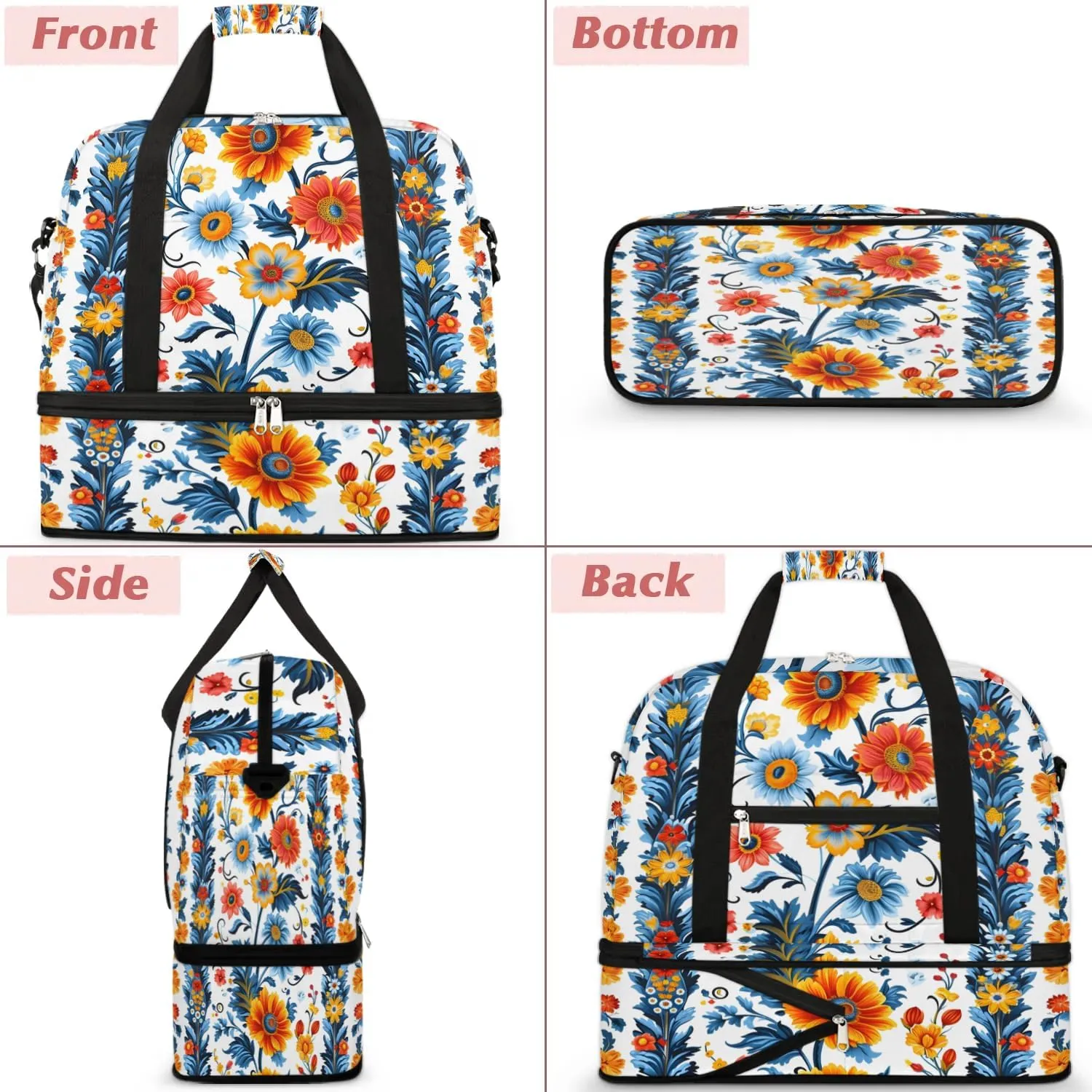Boho Floral Print Retro Travel Duffle Bag, Collapsible Travel Bag Sports Gym Bag With Shoes Compartment Weekender Bag Overnight Bag For Women Men