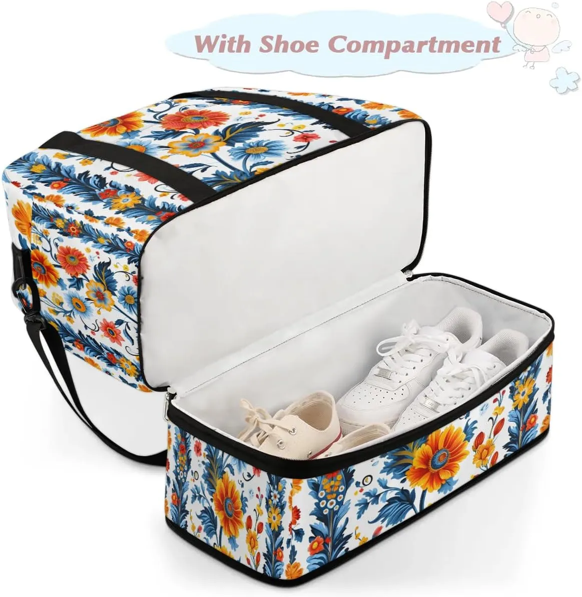 Boho Floral Print Retro Travel Duffle Bag, Collapsible Travel Bag Sports Gym Bag With Shoes Compartment Weekender Bag Overnight Bag For Women Men
