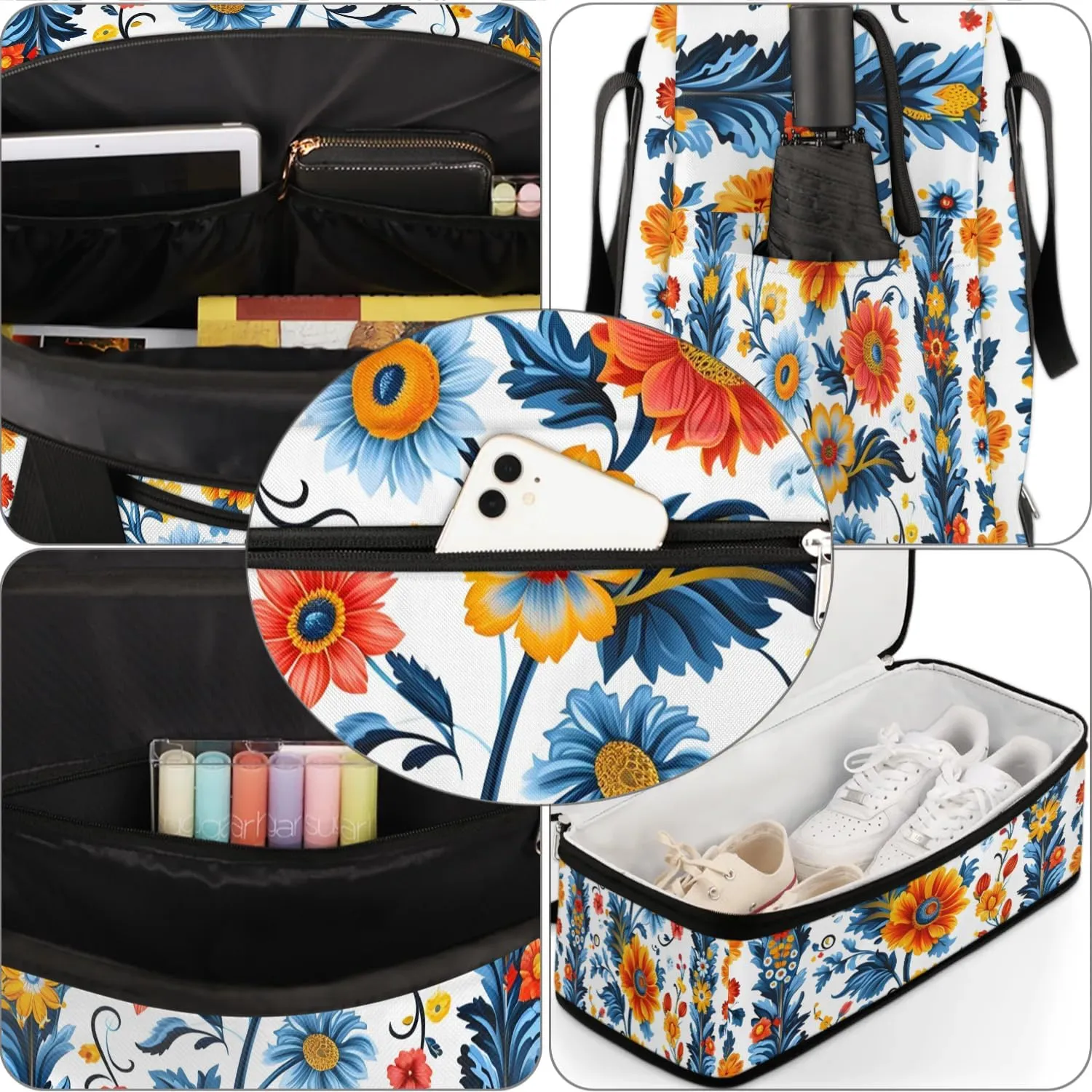 Boho Floral Print Retro Travel Duffle Bag, Collapsible Travel Bag Sports Gym Bag With Shoes Compartment Weekender Bag Overnight Bag For Women Men