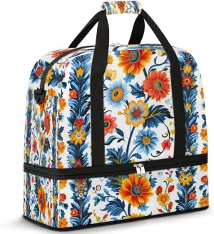 Boho Floral Print Retro Travel Duffle Bag, Collapsible Travel Bag Sports Gym Bag With Shoes Compartment Weekender Bag Overnight Bag For Women Men