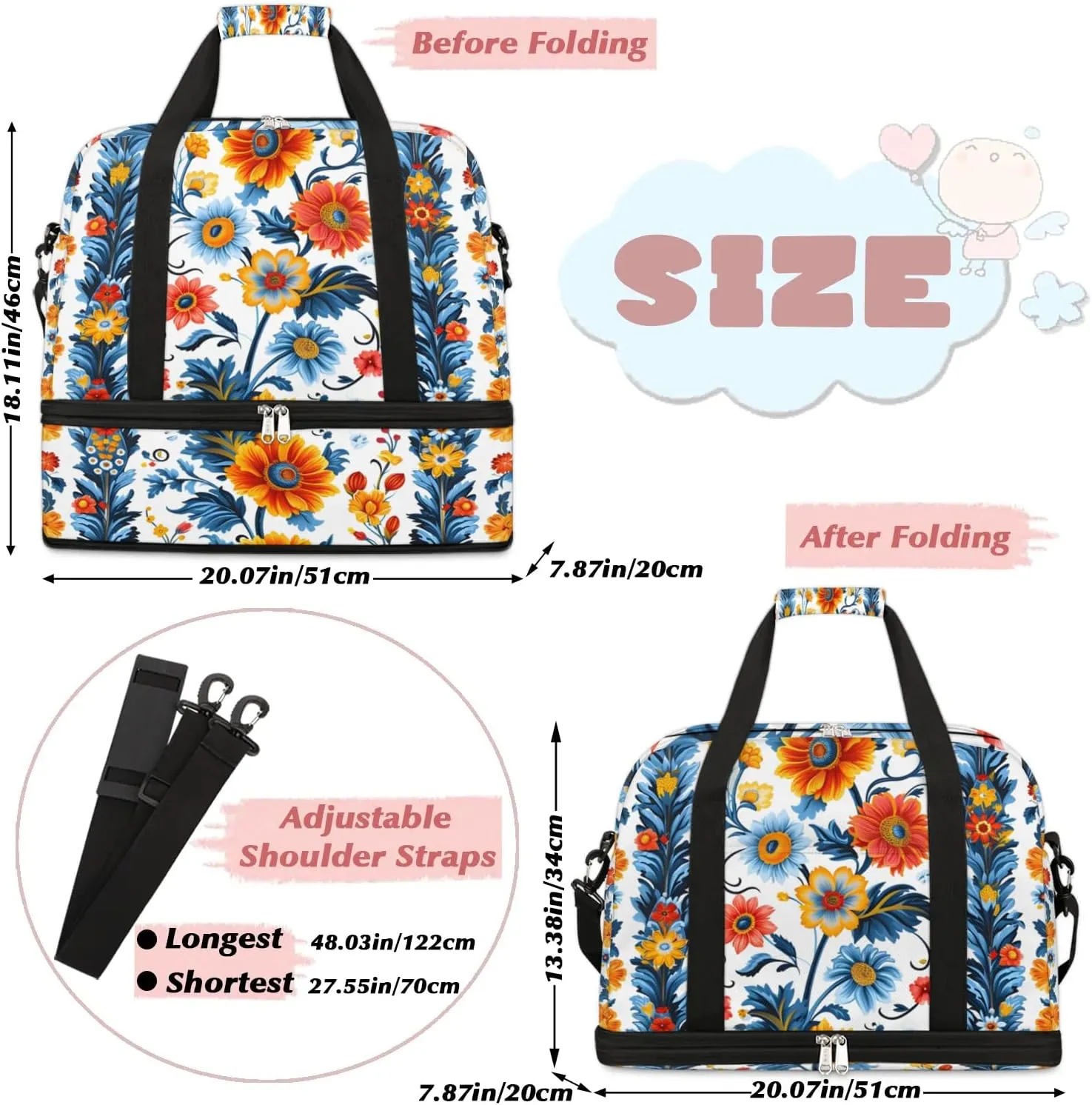 Boho Floral Print Retro Travel Duffle Bag, Collapsible Travel Bag Sports Gym Bag With Shoes Compartment Weekender Bag Overnight Bag For Women Men