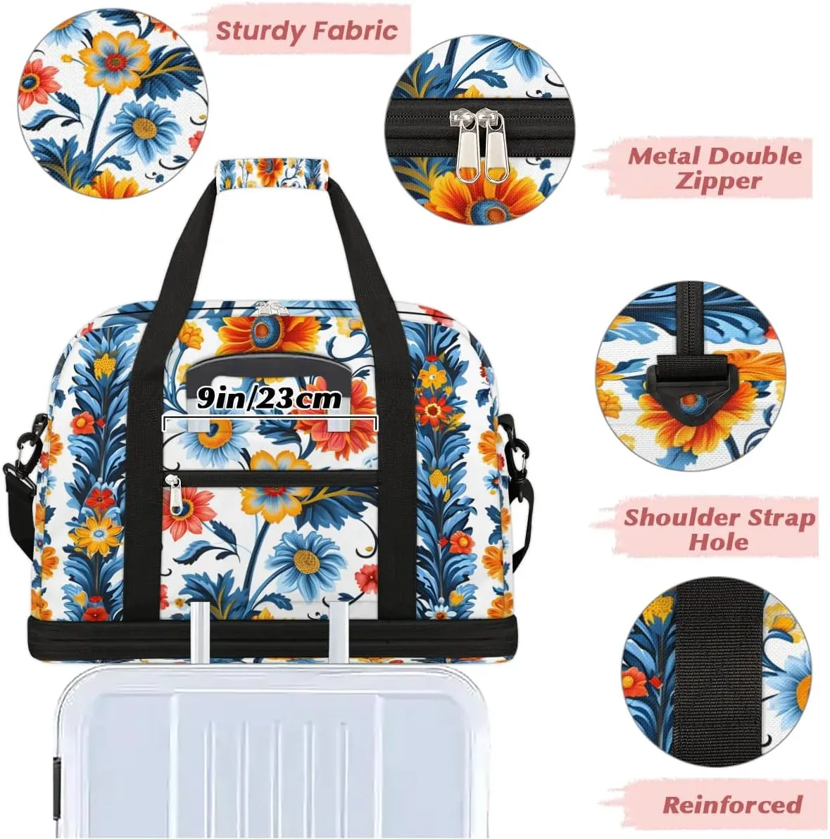 Boho Floral Print Retro Travel Duffle Bag, Collapsible Travel Bag Sports Gym Bag With Shoes Compartment Weekender Bag Overnight Bag For Women Men