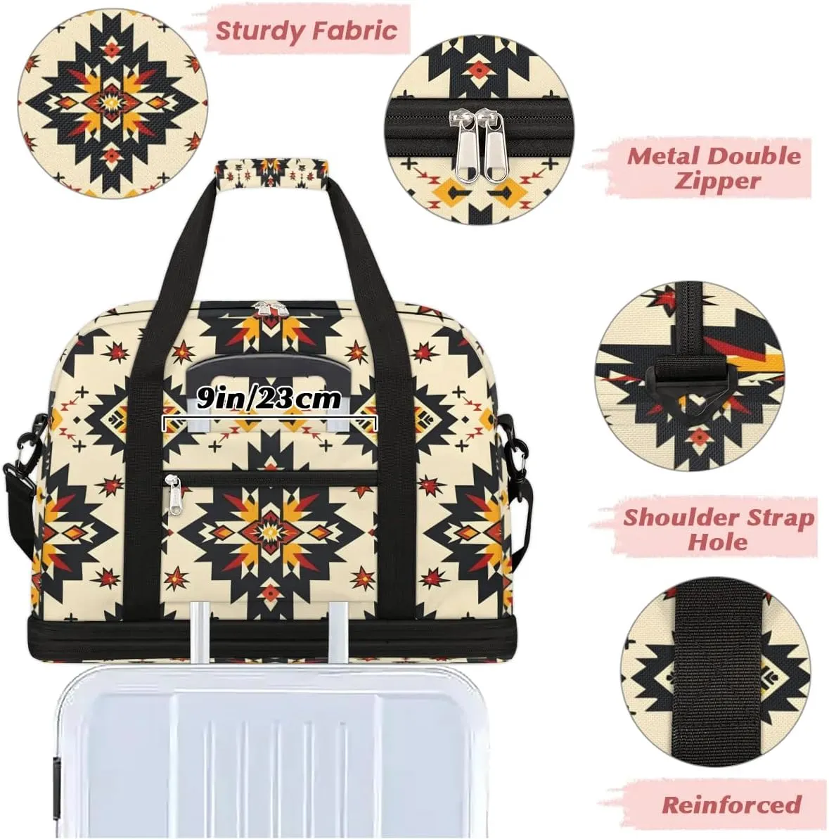 Boho Floral Retro Prints Travel Duffle Bag, Collapsible Travel Bag Sports Gym Bag With Shoes Compartment Weekender Bag Overnight Bag For Women Men