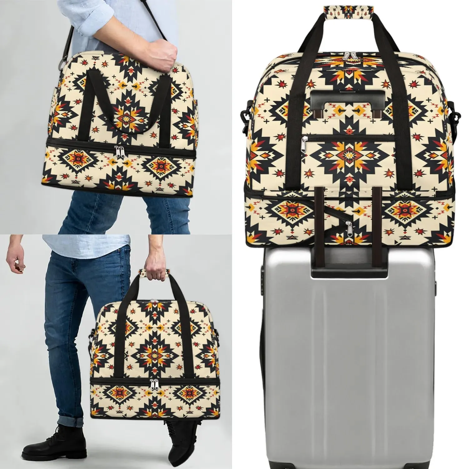 Boho Floral Retro Prints Travel Duffle Bag, Collapsible Travel Bag Sports Gym Bag With Shoes Compartment Weekender Bag Overnight Bag For Women Men