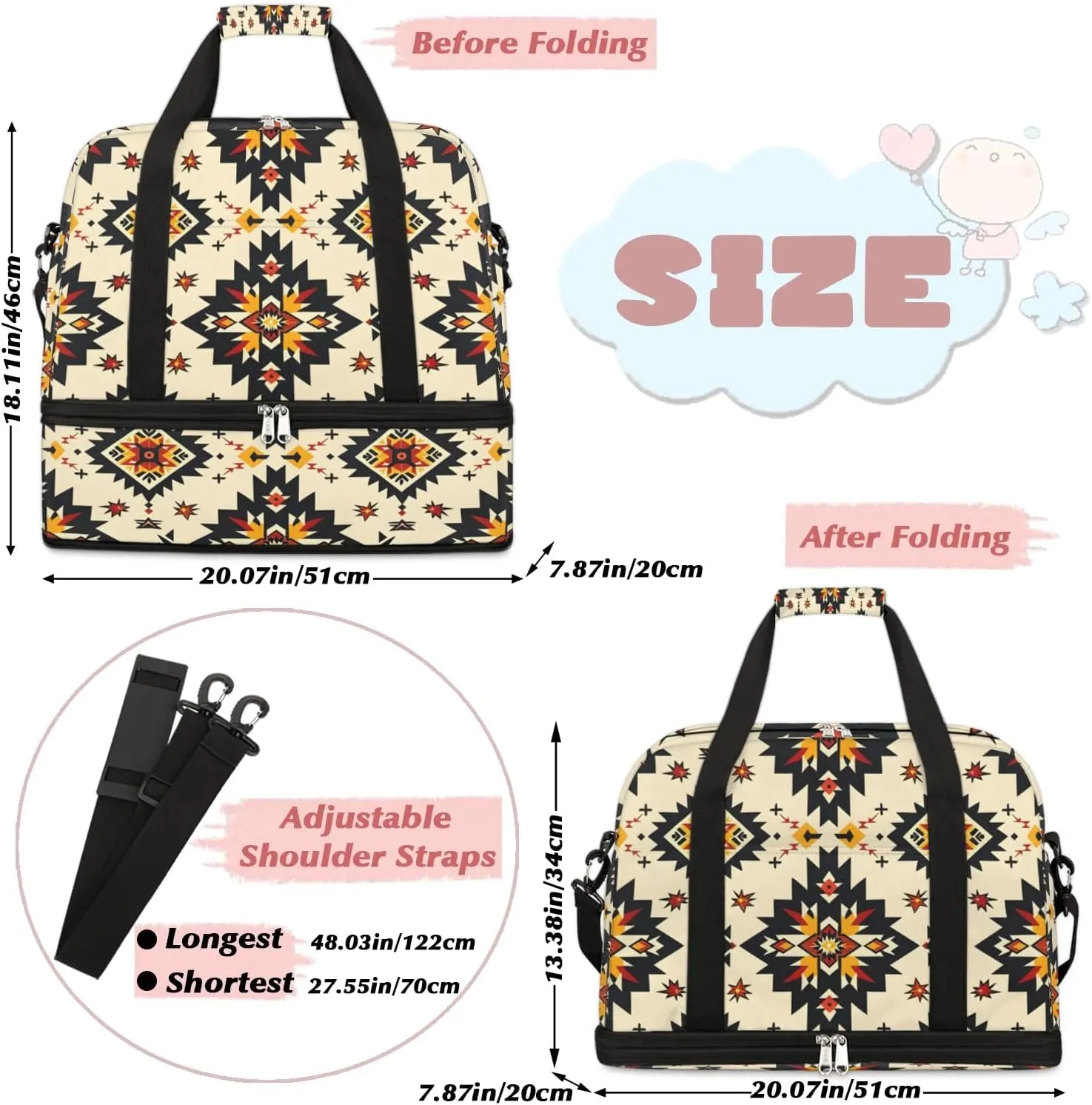 Boho Floral Retro Prints Travel Duffle Bag, Collapsible Travel Bag Sports Gym Bag With Shoes Compartment Weekender Bag Overnight Bag For Women Men