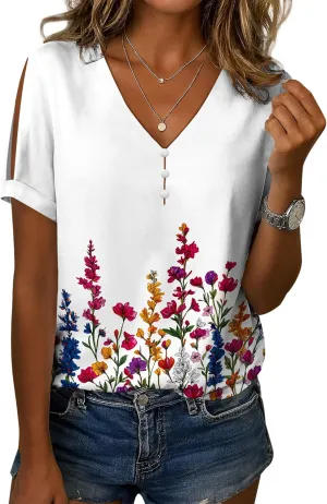 Boho Plus Size Tops for Women V Neck Blouses Business Casual Cold Shoulder T Shirts Trendy Floral Print Ladies Tops