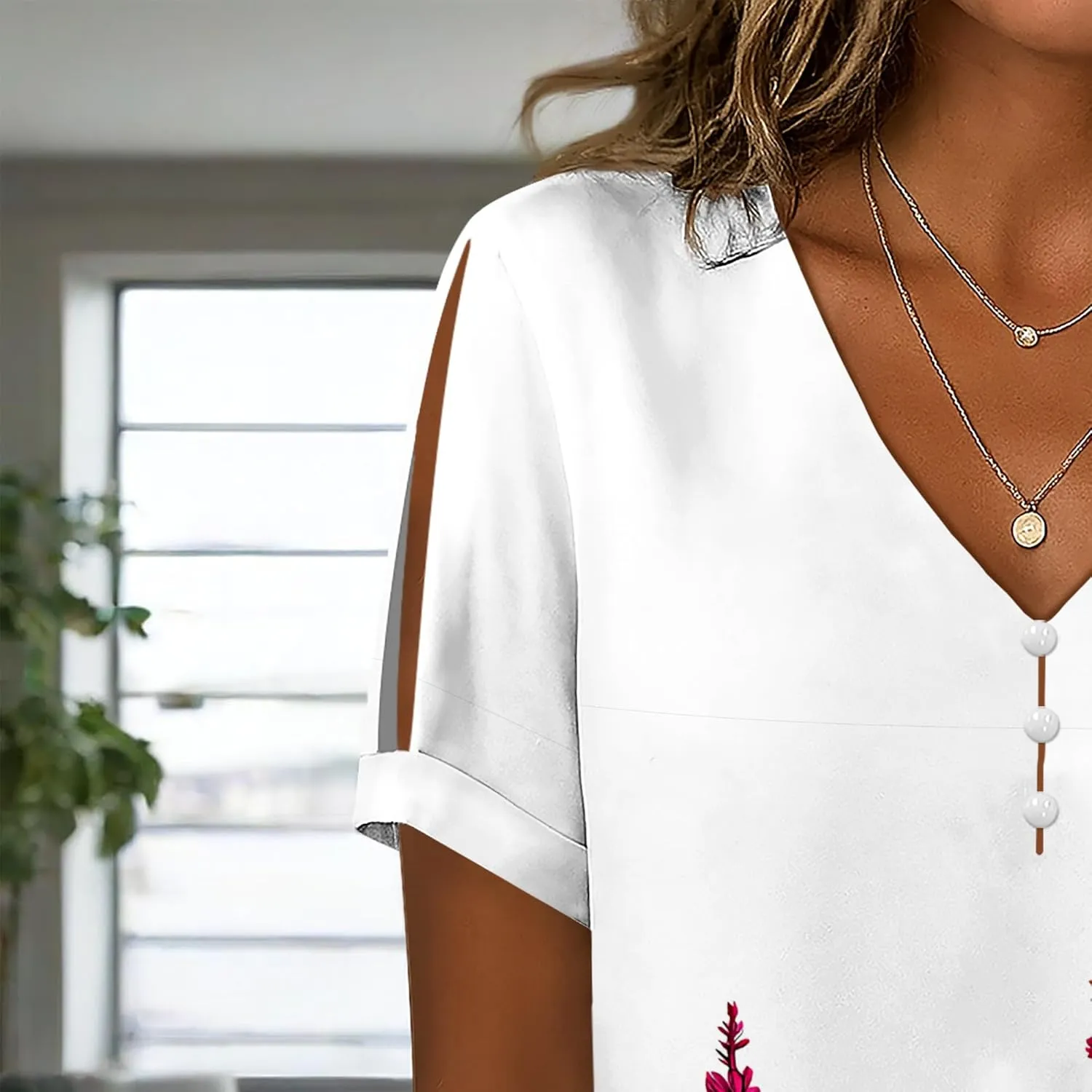 Boho Plus Size Tops for Women V Neck Blouses Business Casual Cold Shoulder T Shirts Trendy Floral Print Ladies Tops