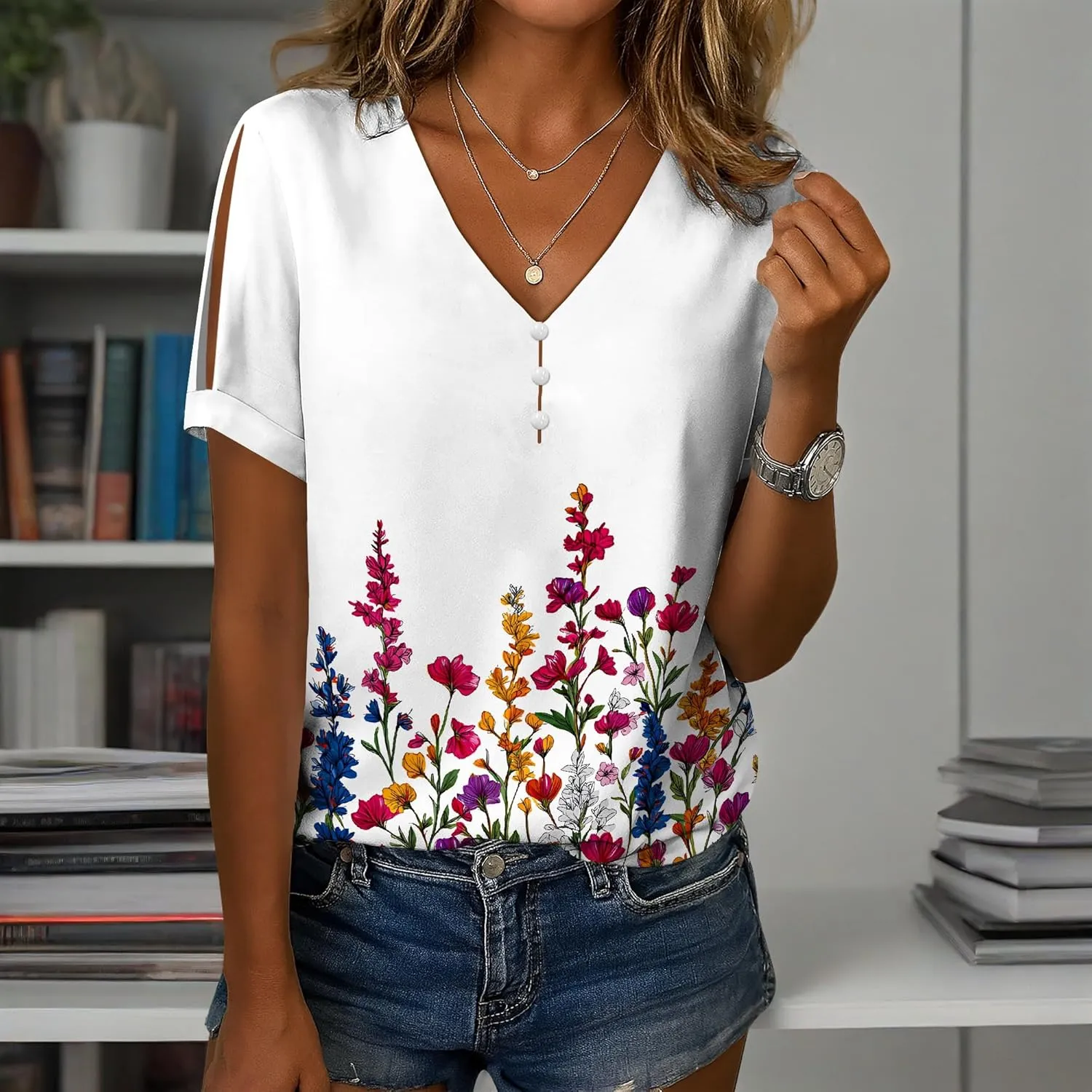 Boho Plus Size Tops for Women V Neck Blouses Business Casual Cold Shoulder T Shirts Trendy Floral Print Ladies Tops