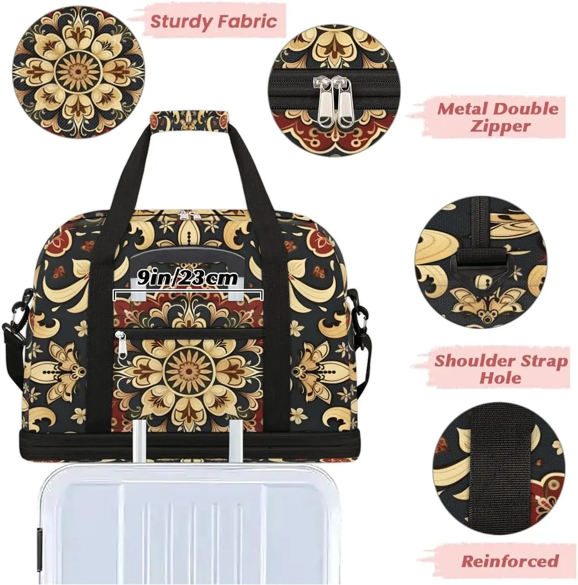 Boho Retro Floral Travel Duffle Bag, Collapsible Travel Bag Sports Gym Bag With Shoes Compartment Weekender Bag Overnight Bag For Women Men