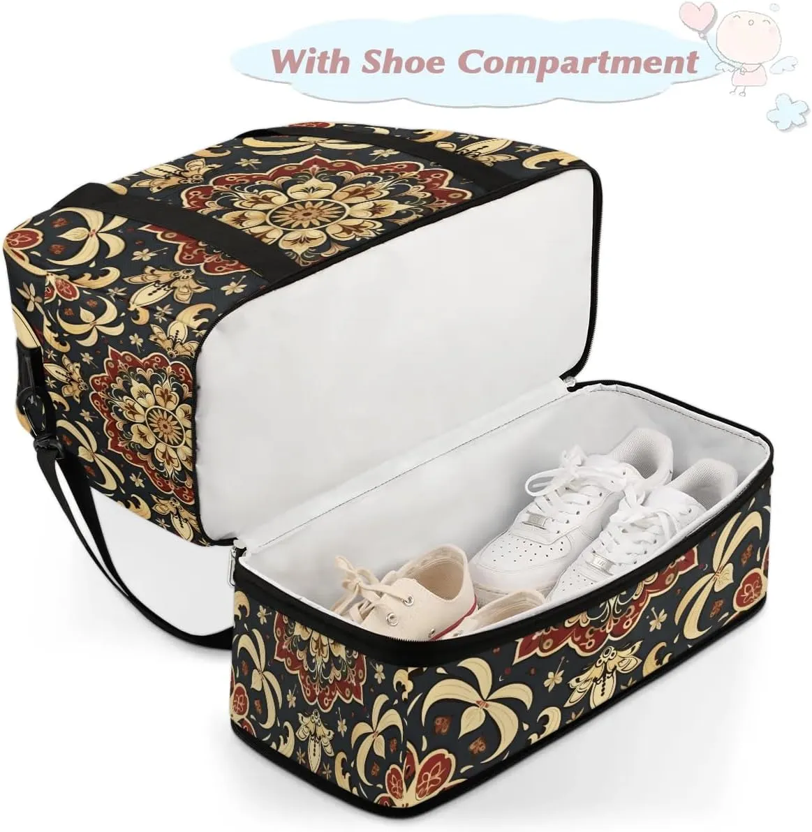 Boho Retro Floral Travel Duffle Bag, Collapsible Travel Bag Sports Gym Bag With Shoes Compartment Weekender Bag Overnight Bag For Women Men