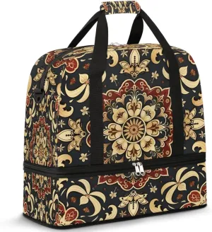 Boho Retro Floral Travel Duffle Bag, Collapsible Travel Bag Sports Gym Bag With Shoes Compartment Weekender Bag Overnight Bag For Women Men