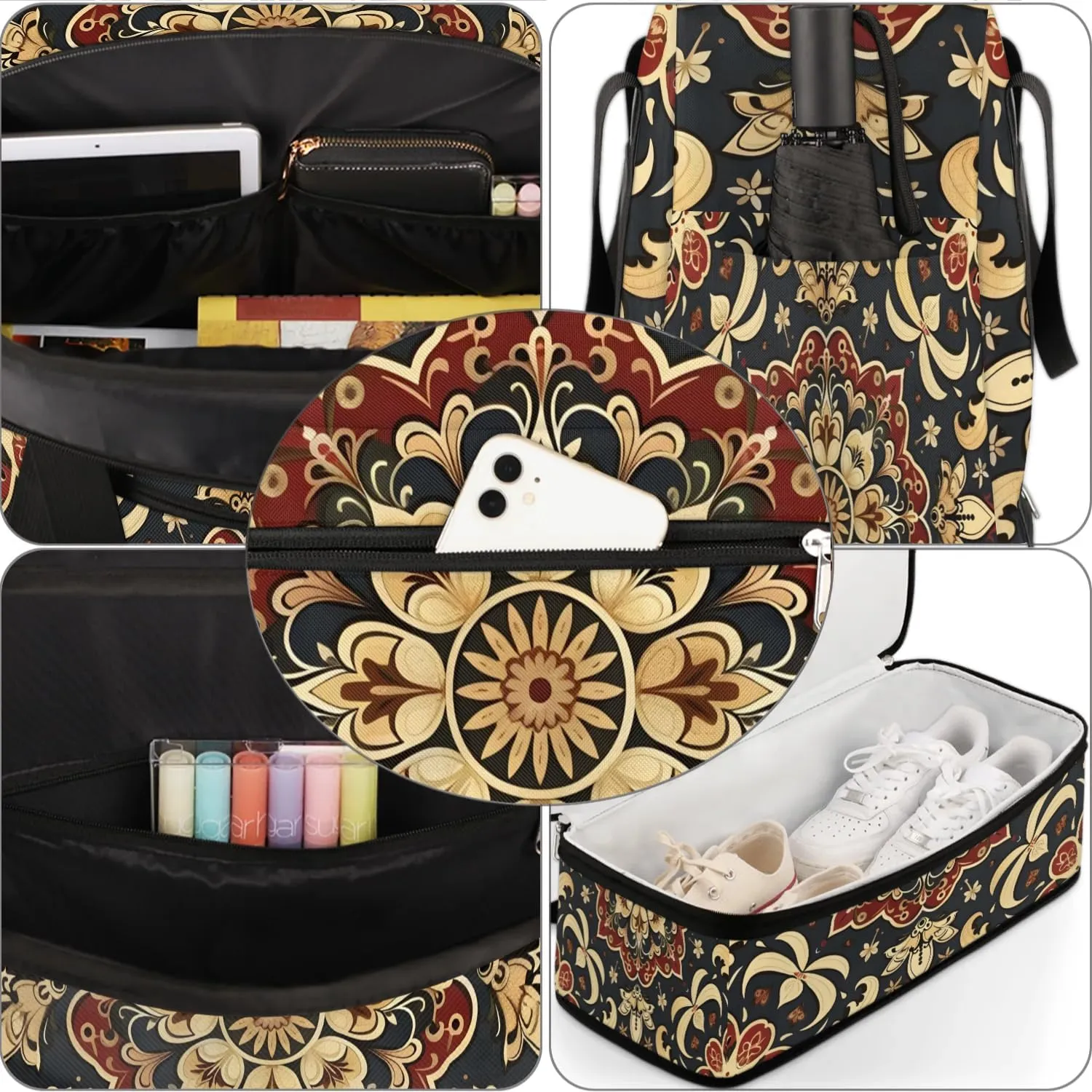 Boho Retro Floral Travel Duffle Bag, Collapsible Travel Bag Sports Gym Bag With Shoes Compartment Weekender Bag Overnight Bag For Women Men