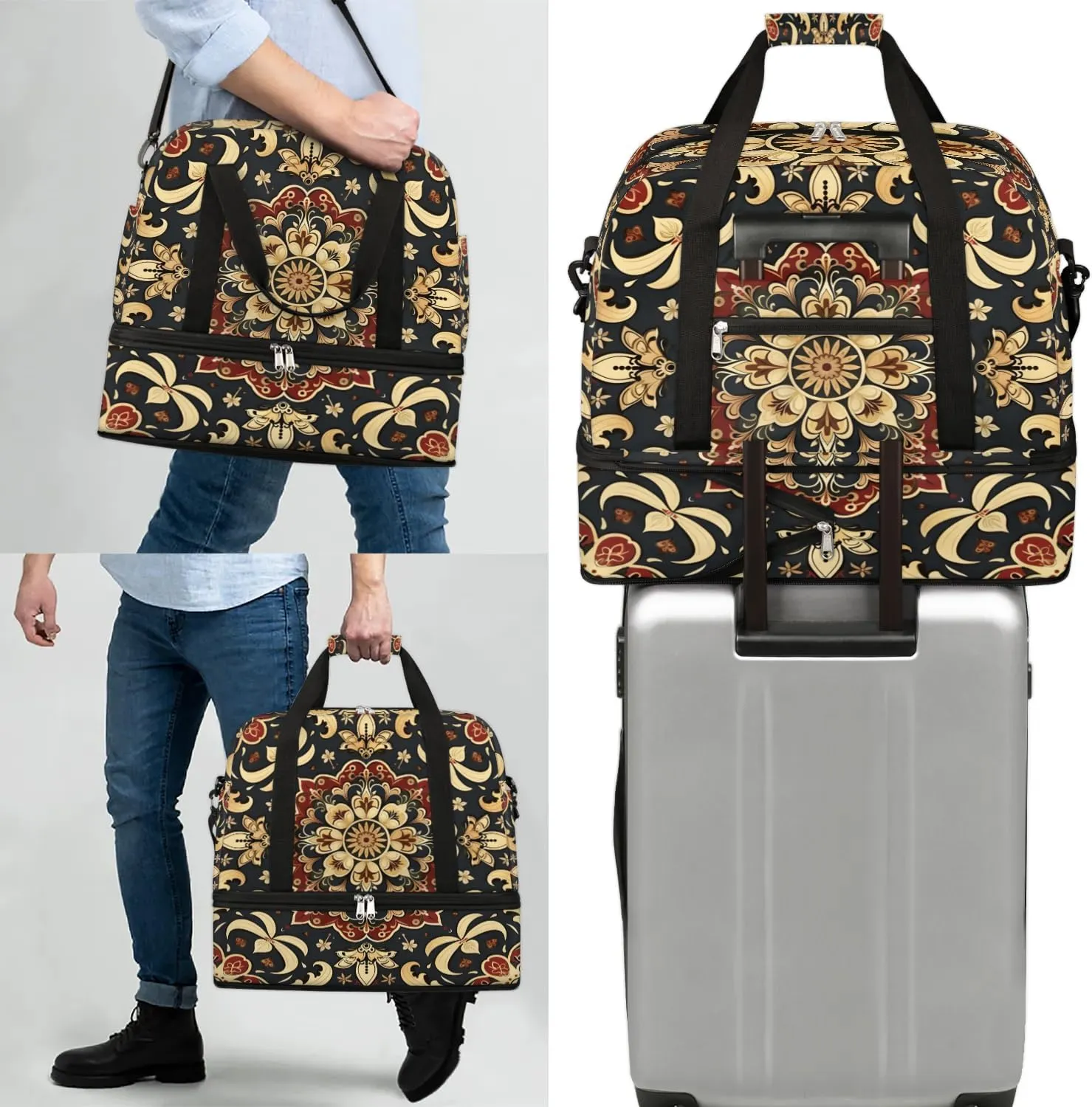 Boho Retro Floral Travel Duffle Bag, Collapsible Travel Bag Sports Gym Bag With Shoes Compartment Weekender Bag Overnight Bag For Women Men
