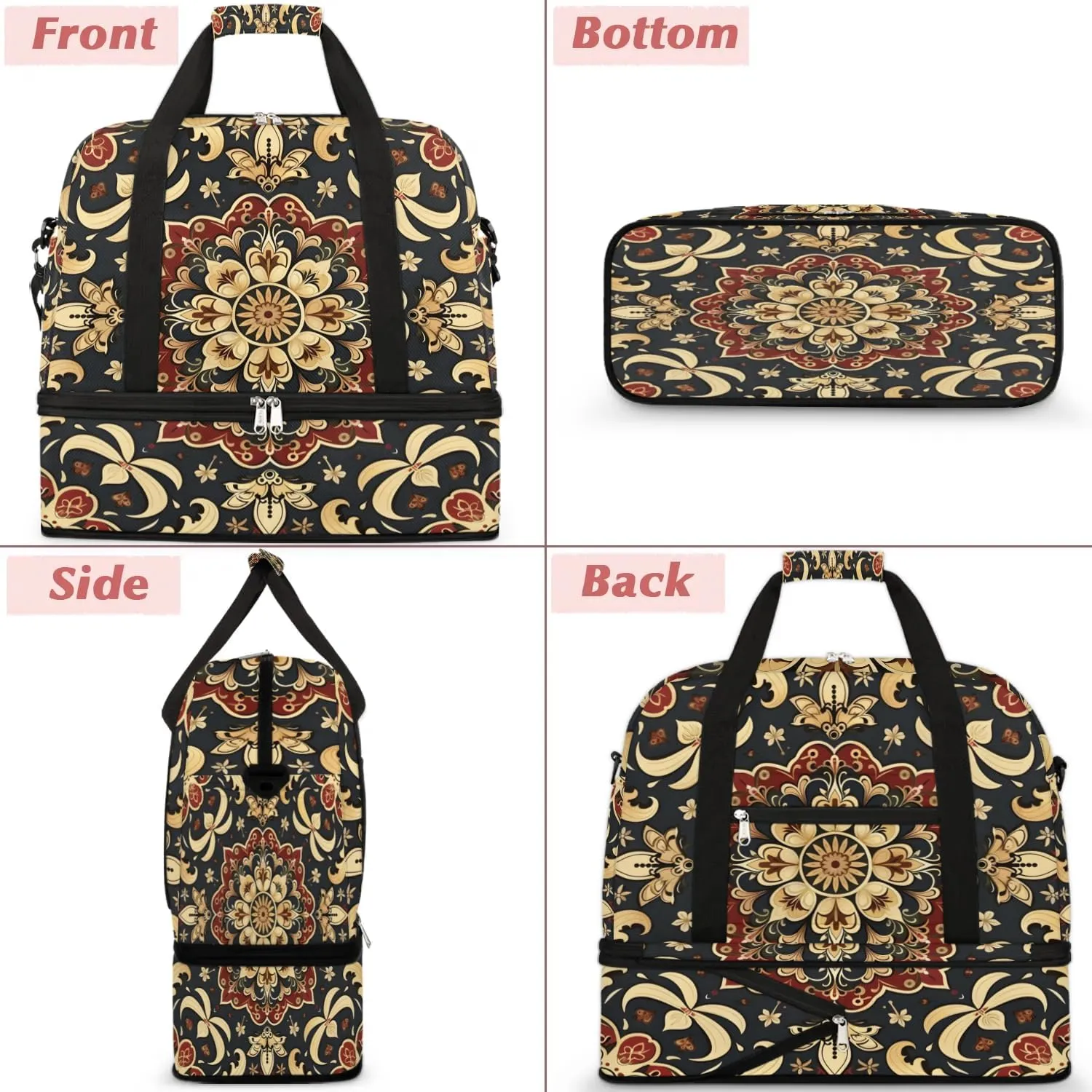 Boho Retro Floral Travel Duffle Bag, Collapsible Travel Bag Sports Gym Bag With Shoes Compartment Weekender Bag Overnight Bag For Women Men