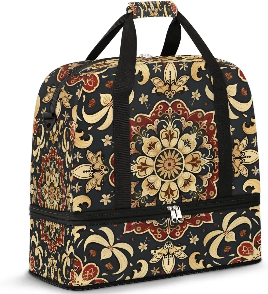 Boho Retro Floral Travel Duffle Bag, Collapsible Travel Bag Sports Gym Bag With Shoes Compartment Weekender Bag Overnight Bag For Women Men